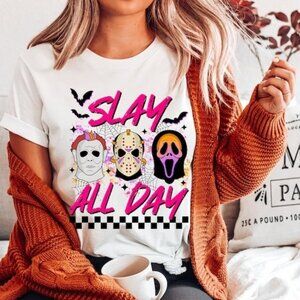 Slay All Day Halloween Shirt, Horror Movie Shirts, Vintage Fall T-Shirts 92